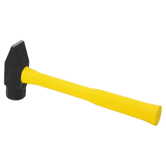 The STANLEY 2.5 LB (1.1 KG) Fiberglass Blacksmith Hammer features a black sledgehammer head and a bright yellow fiberglass handle, displayed on a white background.